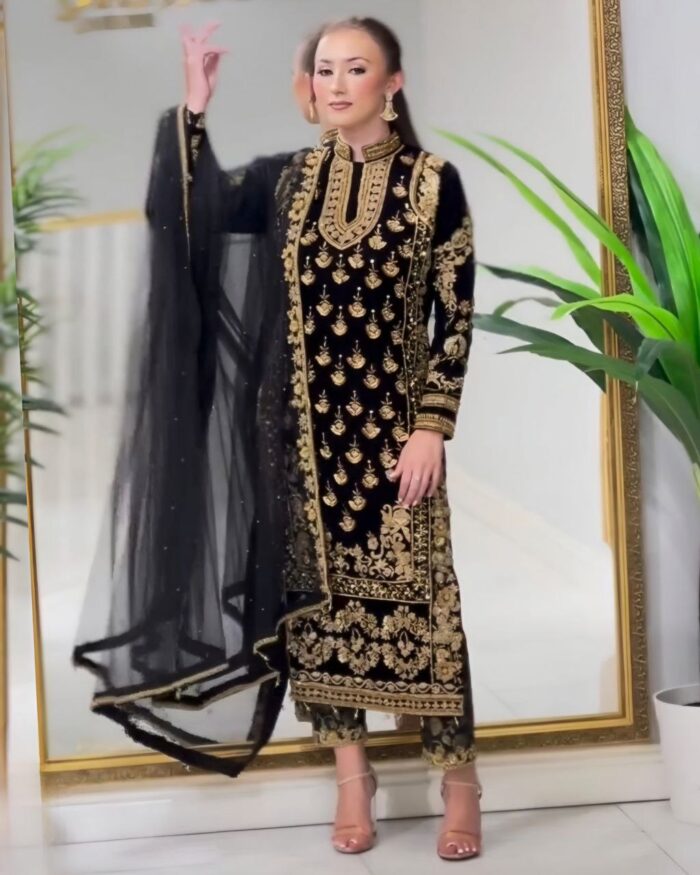 Exclusive Black Pure Georgette Embroidery Work Pakistani Pant Suit With Dupatta