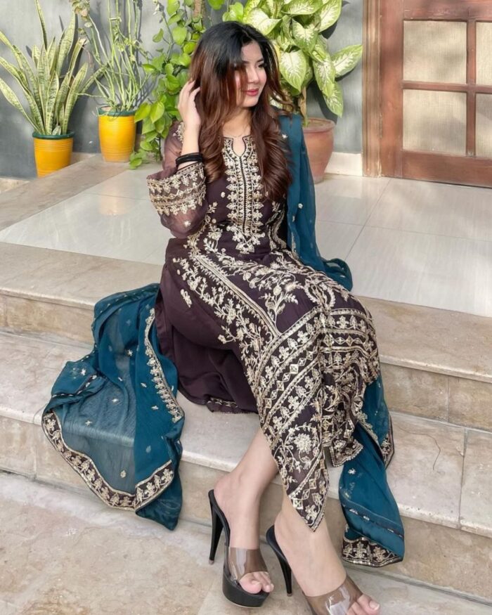 Exclusive Black Pure Georgette Embroidery Work Pakistani Suit With Rama Dupatta
