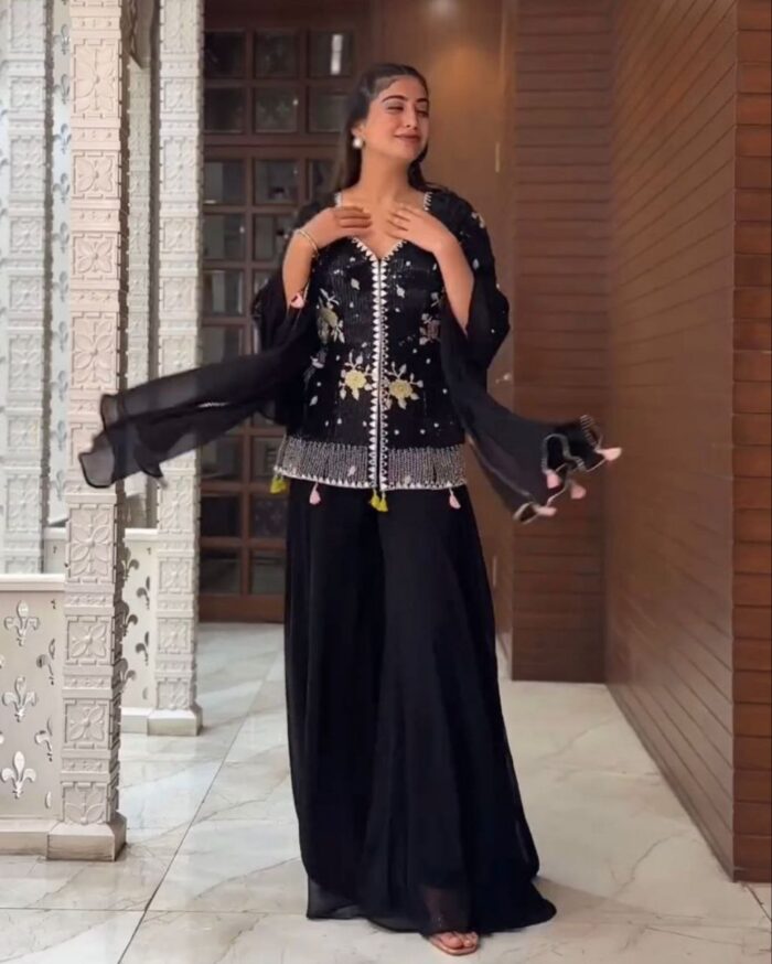 Exclusive Black Pure Georgette Embroidery Work Palazo-Top With Dupatta
