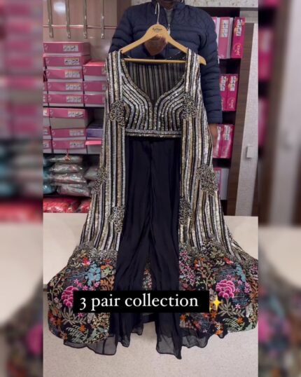Exclusive Black & White Pure Georgette Sequence Work Palazo-Top With Shrug