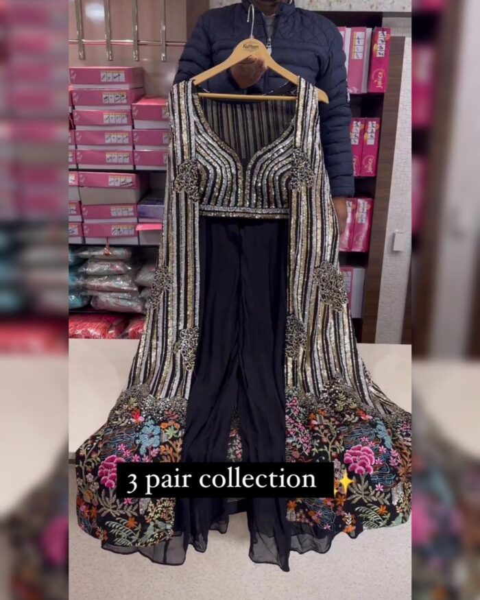Exclusive Black & White Pure Georgette Sequence Work Palazo-Top With Shrug