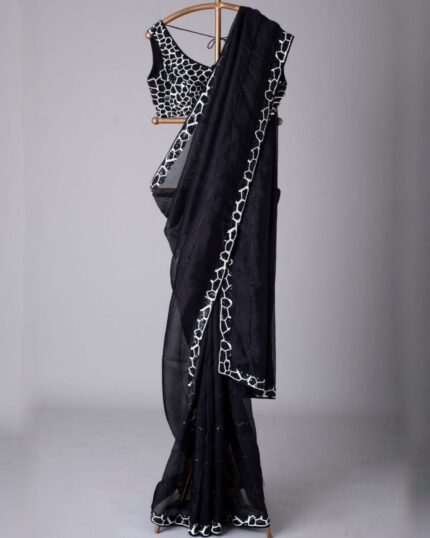 Exclusive Black & White Soft Georgette Sequence Work Saree With Blouse