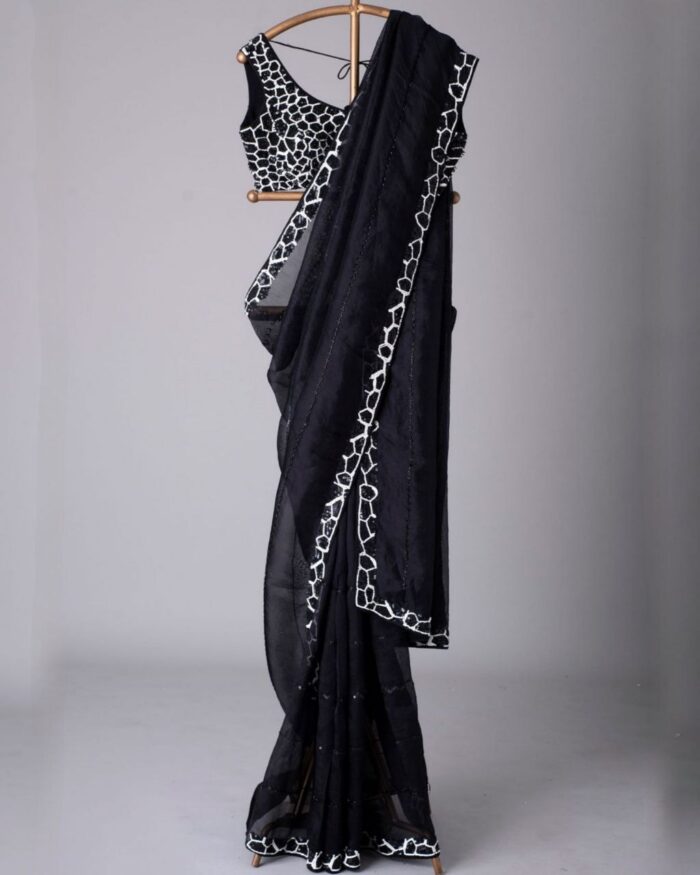 Exclusive Black & White Soft Georgette Sequence Work Saree With Blouse